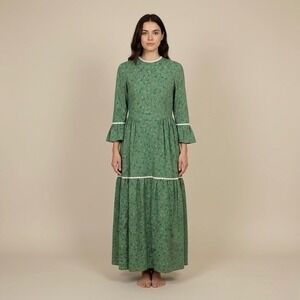 Vintage Prairie Maxi Dress Medium 6 Floral Green Cottagecore Long Sleeve Ruffle